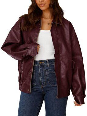 Women's Faux Leather Motorcycle Jacket Oversized Zip Up Outerwear Wine Red